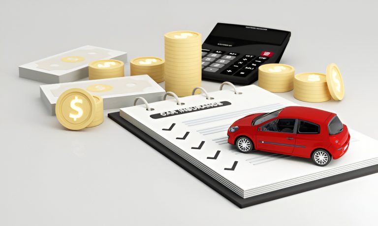 car insurance documents, red toy car, calculator, stacked coins, and cash