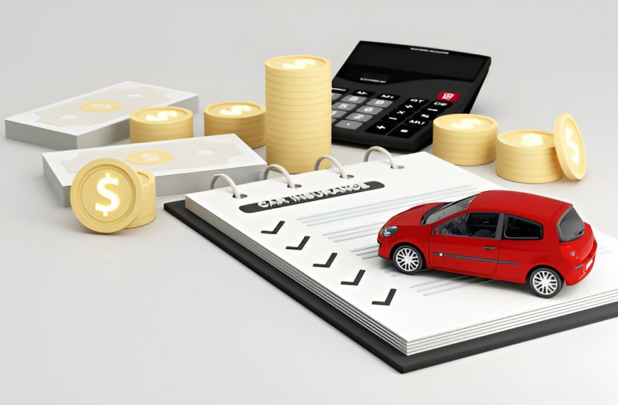 car insurance documents, red toy car, calculator, stacked coins, and cash